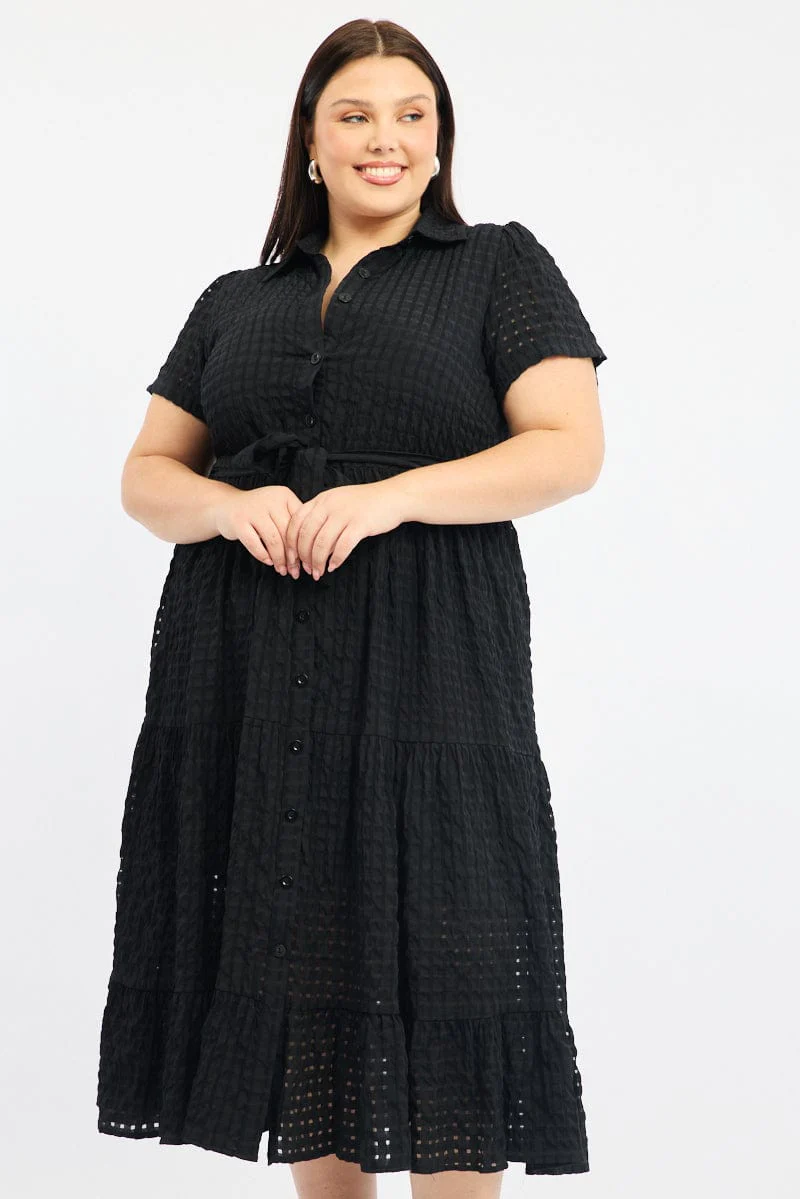 Black Shirt Dress Short Sleeve Tiered Self Check - Image 2