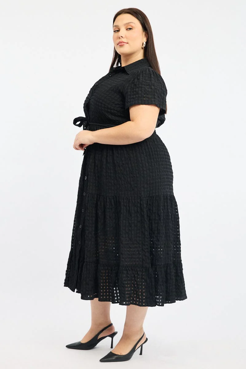 Black Shirt Dress Short Sleeve Tiered Self Check - Image 3