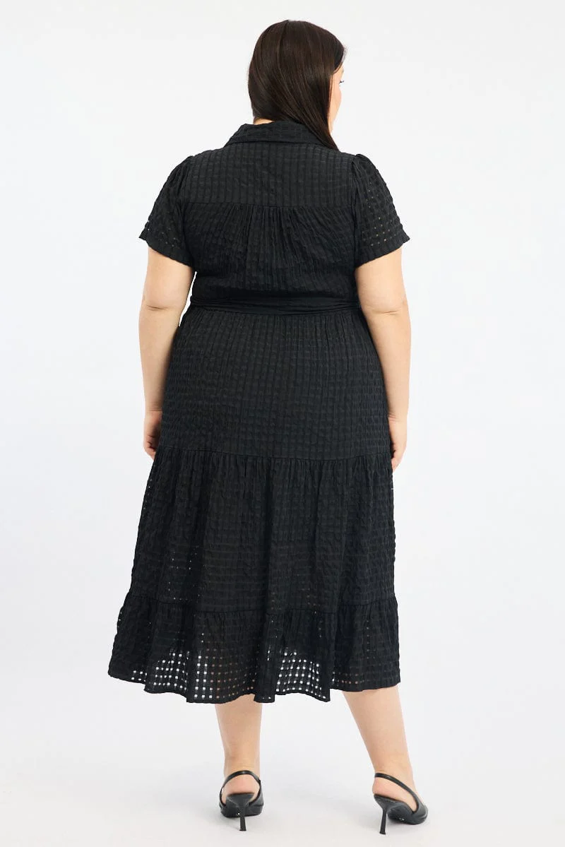 Black Shirt Dress Short Sleeve Tiered Self Check - Image 4