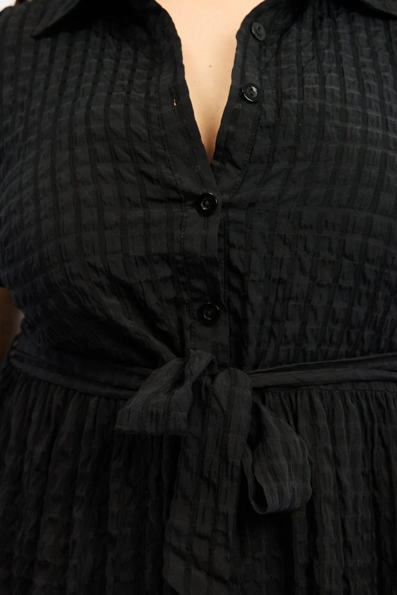 Black Shirt Dress Short Sleeve Tiered Self Check - Image 5