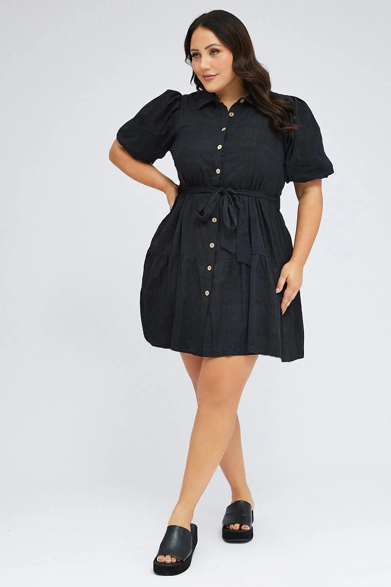 Black Shirtdress Textured Cotton Check Puff Sleeve - Image 2