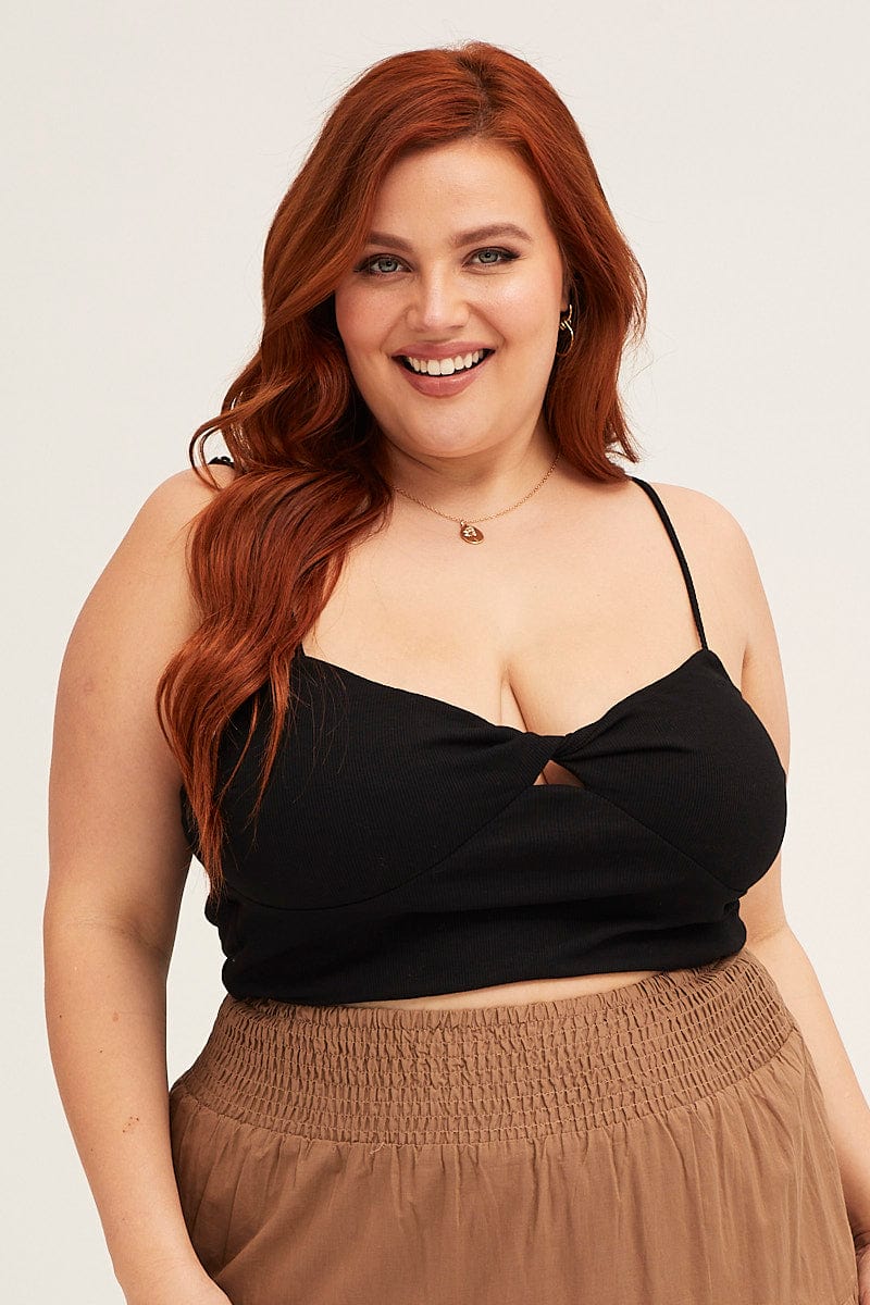 Black Shoestring Strap Rib Jersey Twist Crop Top