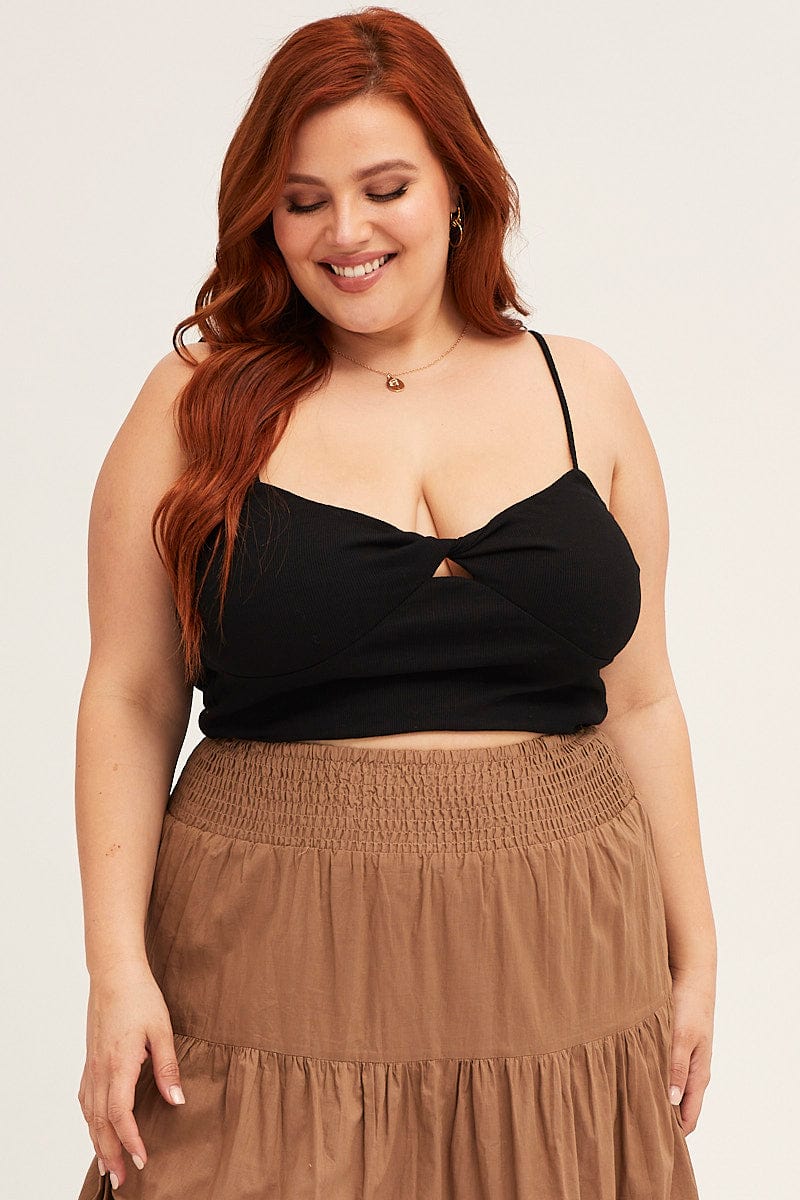 Black Shoestring Strap Rib Jersey Twist Crop Top - Image 3