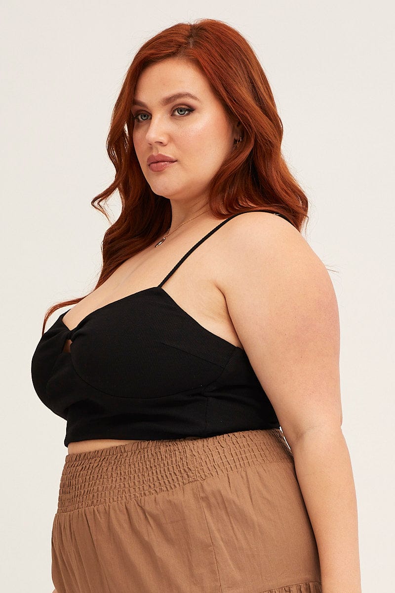 Black Shoestring Strap Rib Jersey Twist Crop Top - Image 4