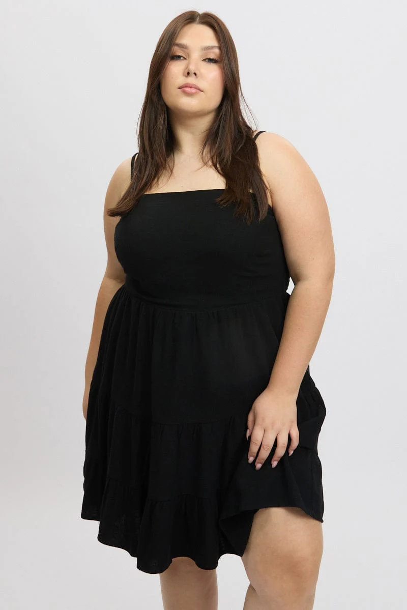 Black Shoestring Strap Tiered Linen Blend Dress - Image 3