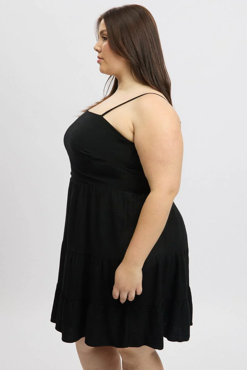 Black Shoestring Strap Tiered Linen Blend Dress - Image 4