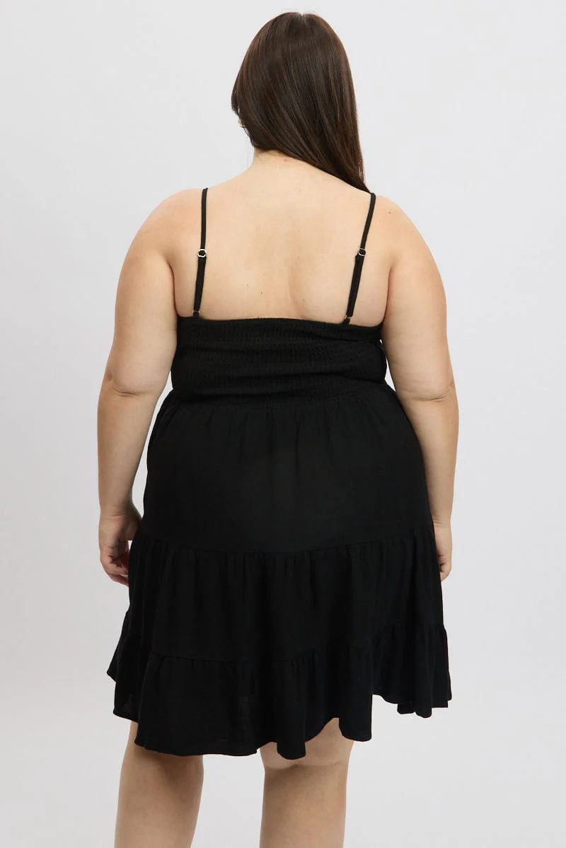 Black Shoestring Strap Tiered Linen Blend Dress - Image 5