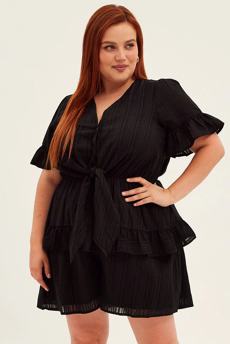 Black Short Playsuit Flare Sleeve Tie Front
