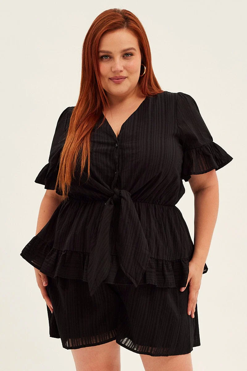 Black Short Playsuit Flare Sleeve Tie Front - Image 3
