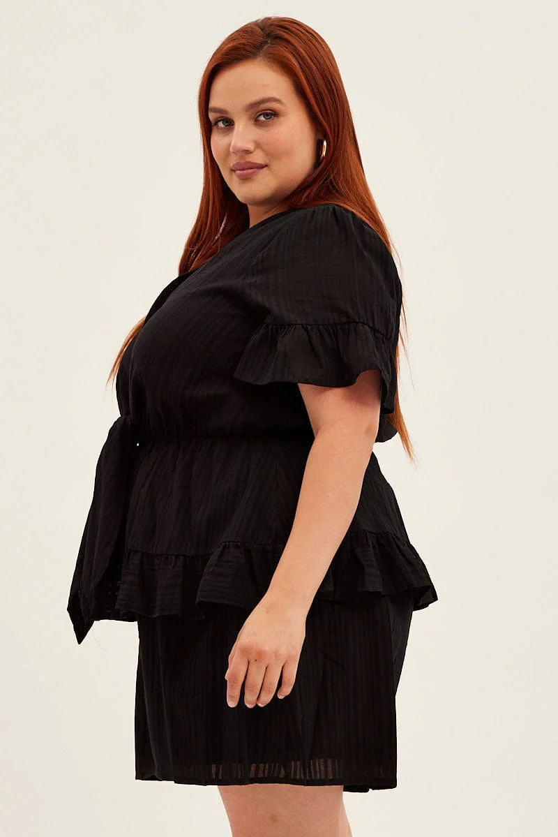 Black Short Playsuit Flare Sleeve Tie Front - Image 4