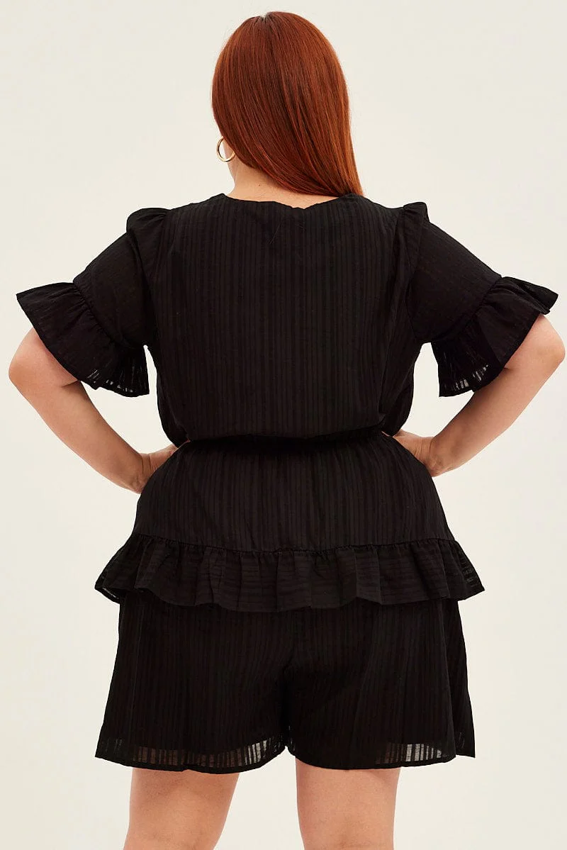 Black Short Playsuit Flare Sleeve Tie Front - Image 5
