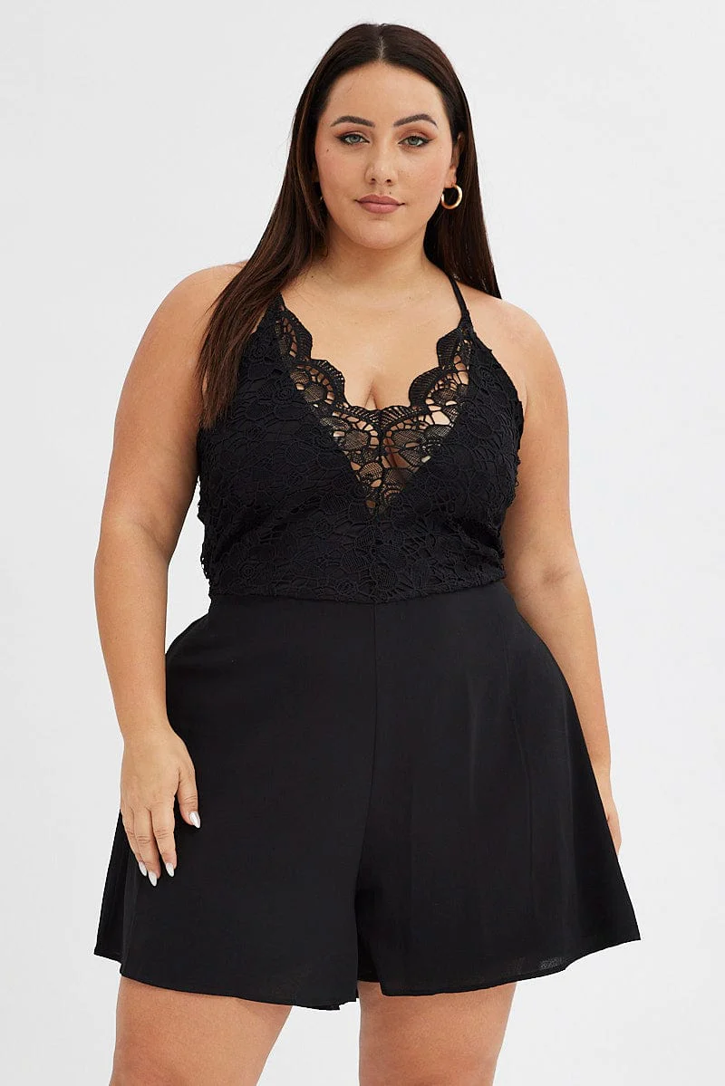 Black Short Playsuit Lace Body