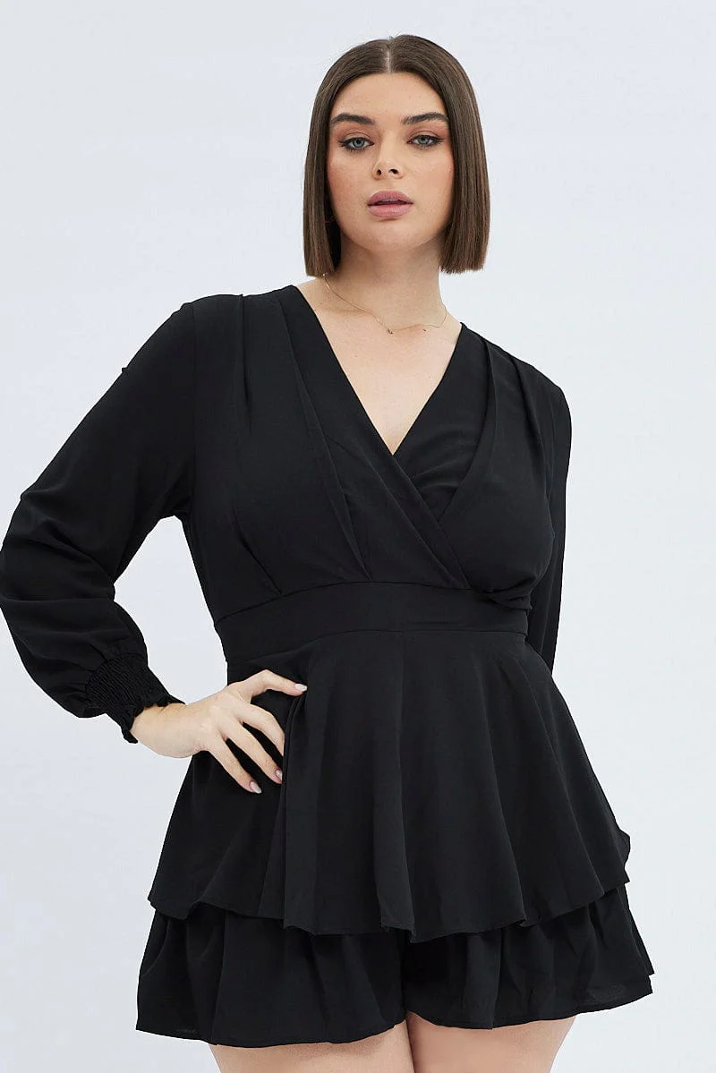 Black Short Playsuit Shirred Sleeves Stretch Crepe