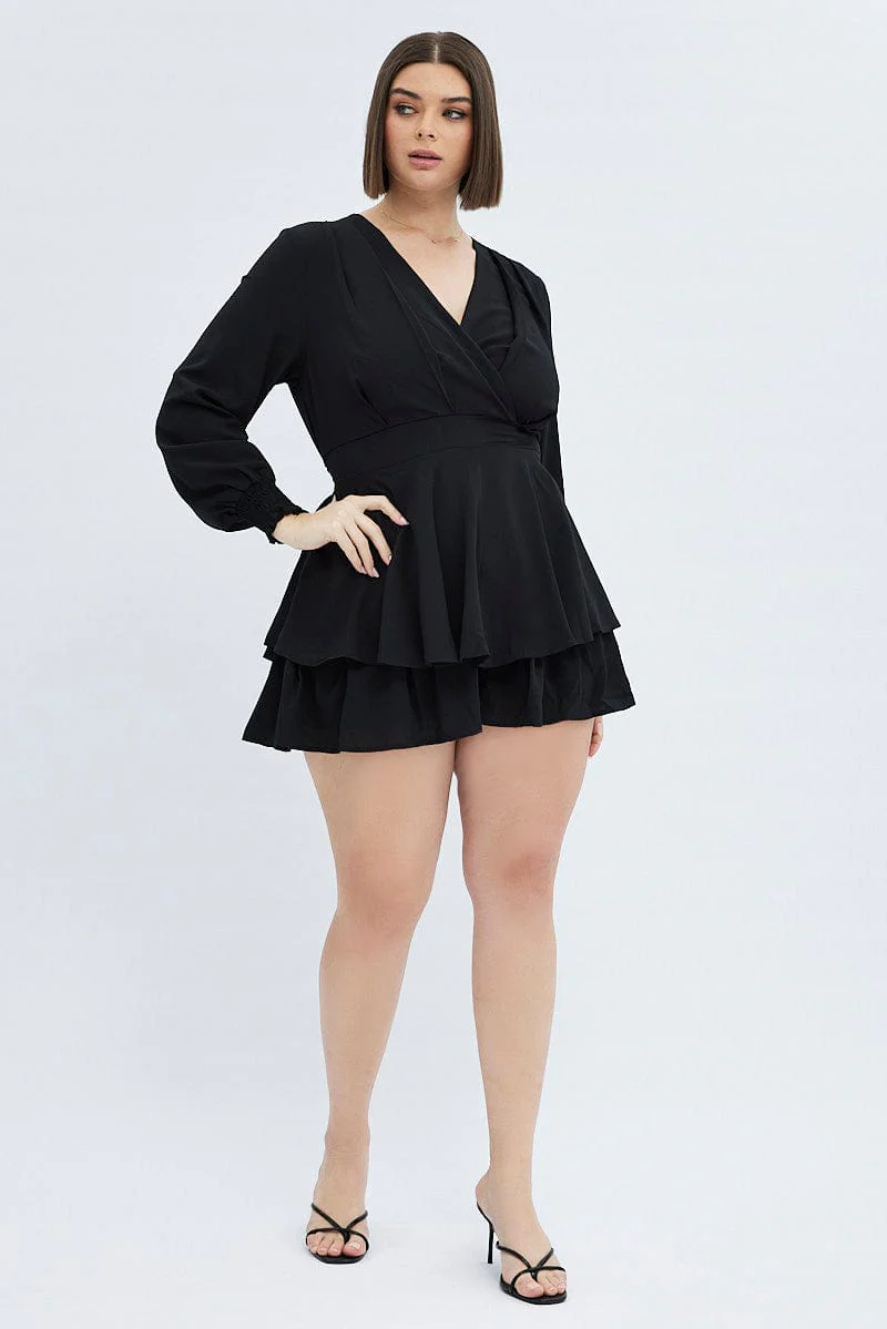Black Short Playsuit Shirred Sleeves Stretch Crepe - Image 2