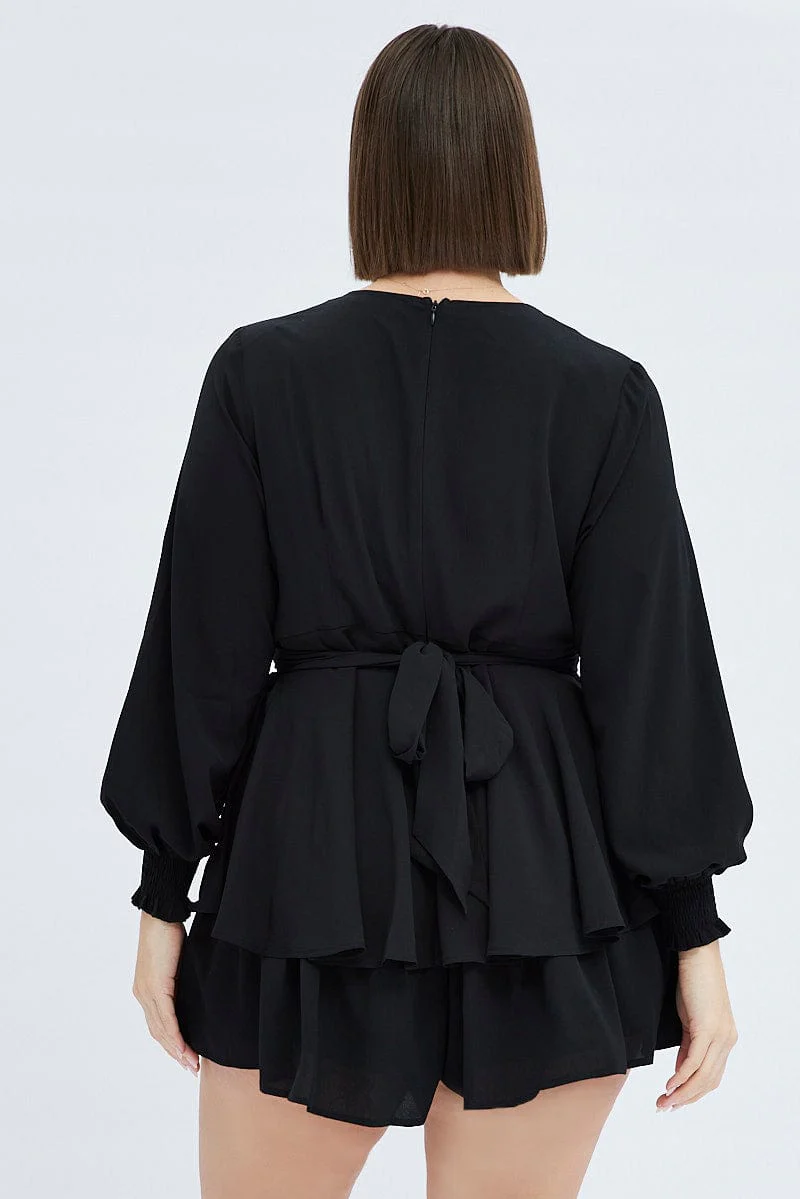 Black Short Playsuit Shirred Sleeves Stretch Crepe - Image 5