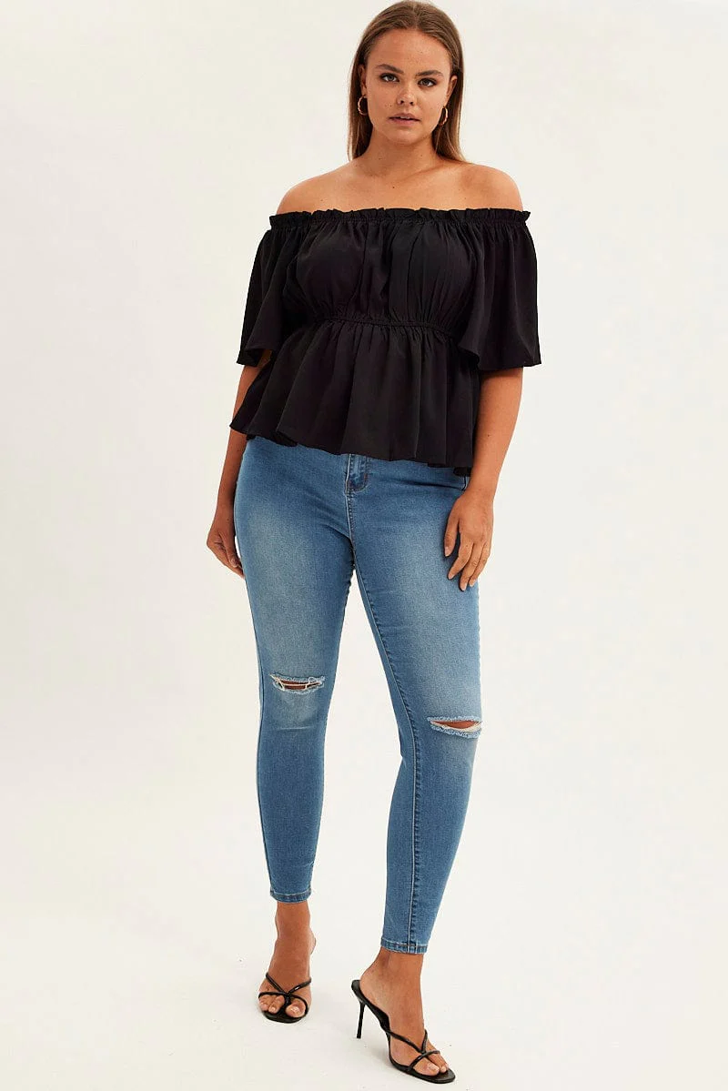Black Short Sleeve Bardot Top - Image 2