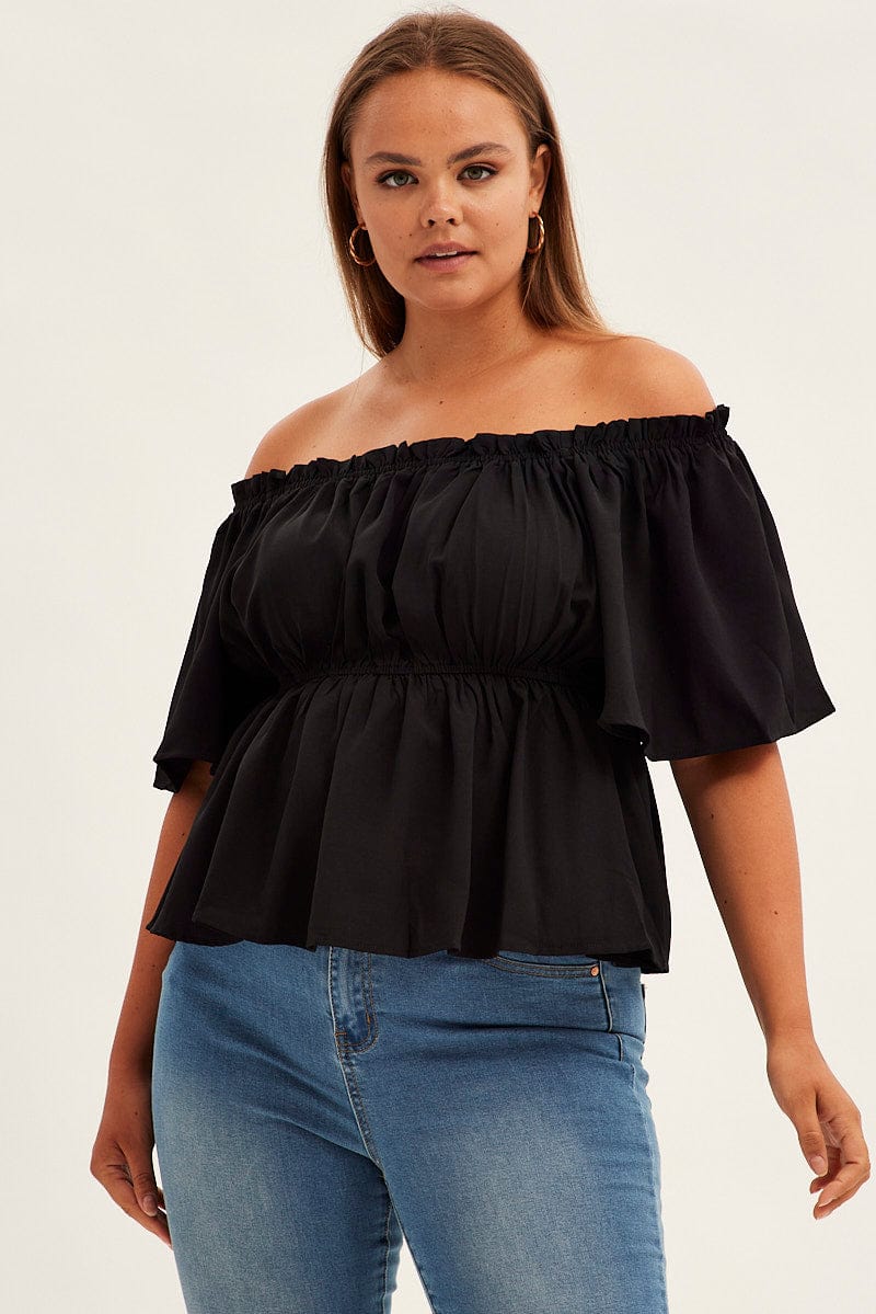 Black Short Sleeve Bardot Top - Image 3