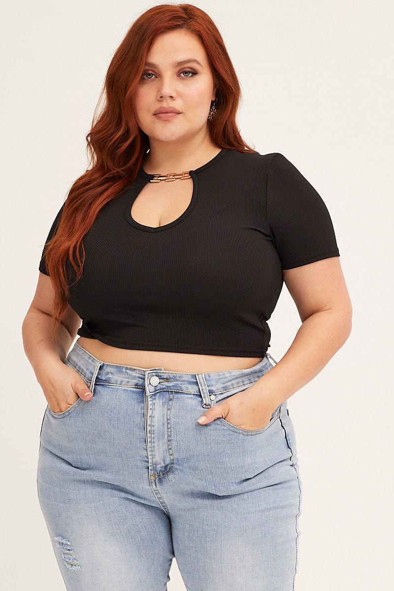 Black Short Sleeve Black Gold Neck Detail Top - Image 3