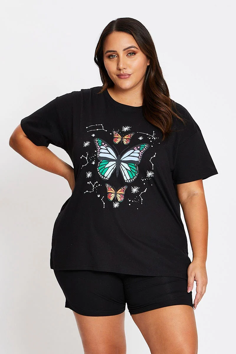Black Short Sleeve Butterfly Side Split T-shirt