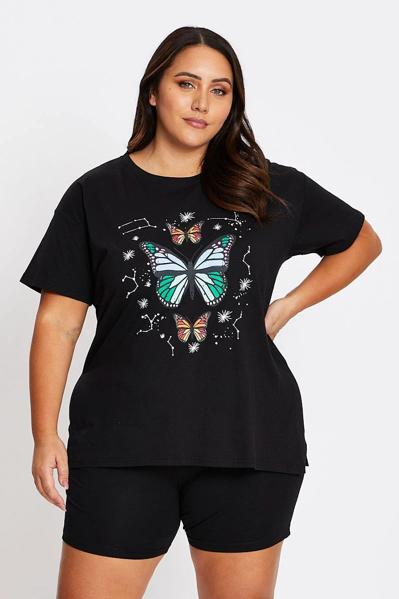 Black Short Sleeve Butterfly Side Split T-shirt - Image 3