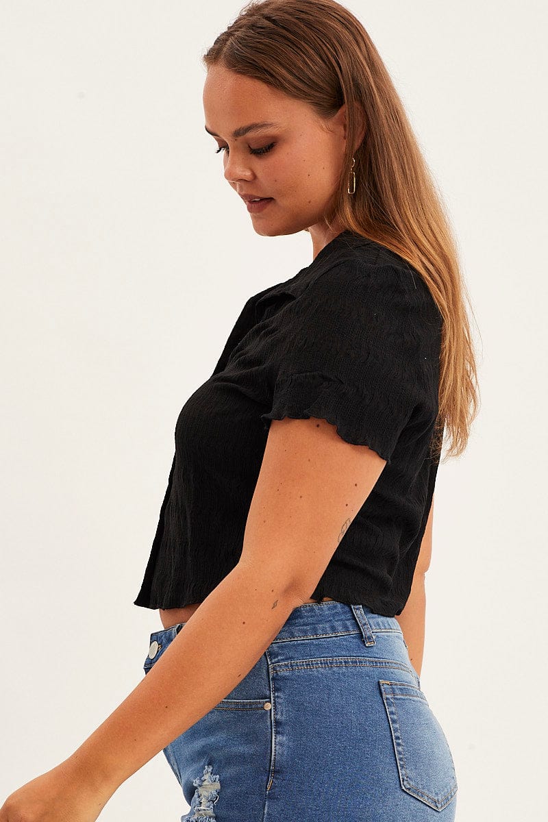 Black Short Sleeve Button Top - Image 4