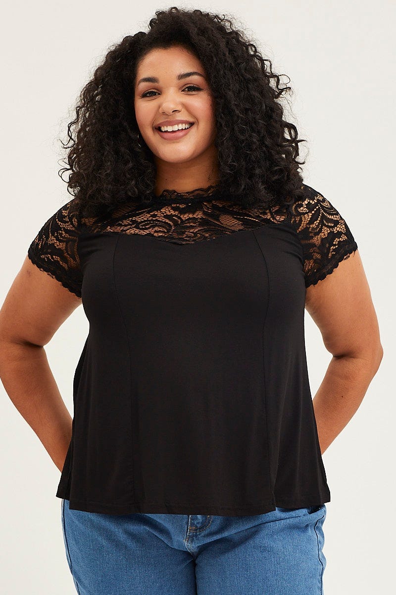 Black Short Sleeve Lace Trim Top - Image 3