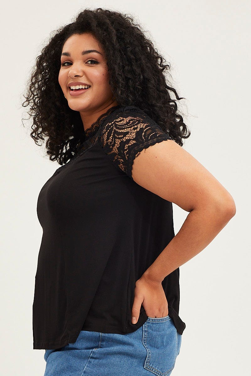 Black Short Sleeve Lace Trim Top - Image 4