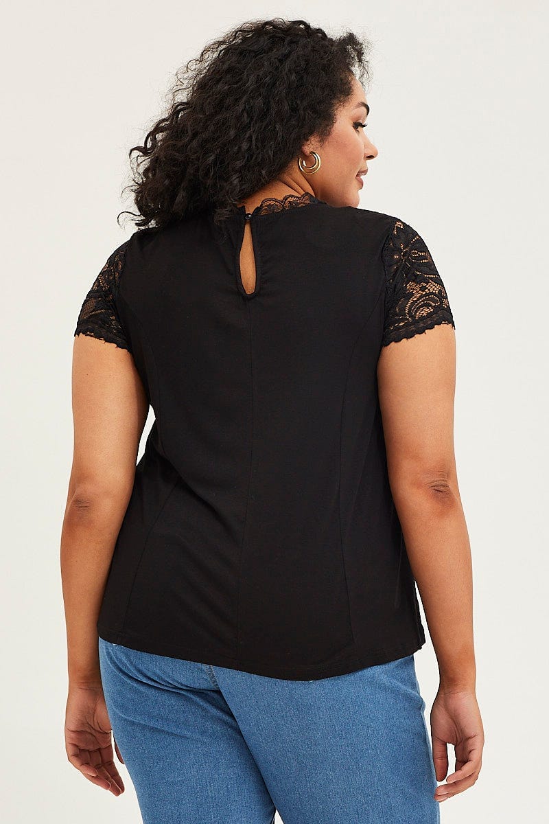Black Short Sleeve Lace Trim Top - Image 5