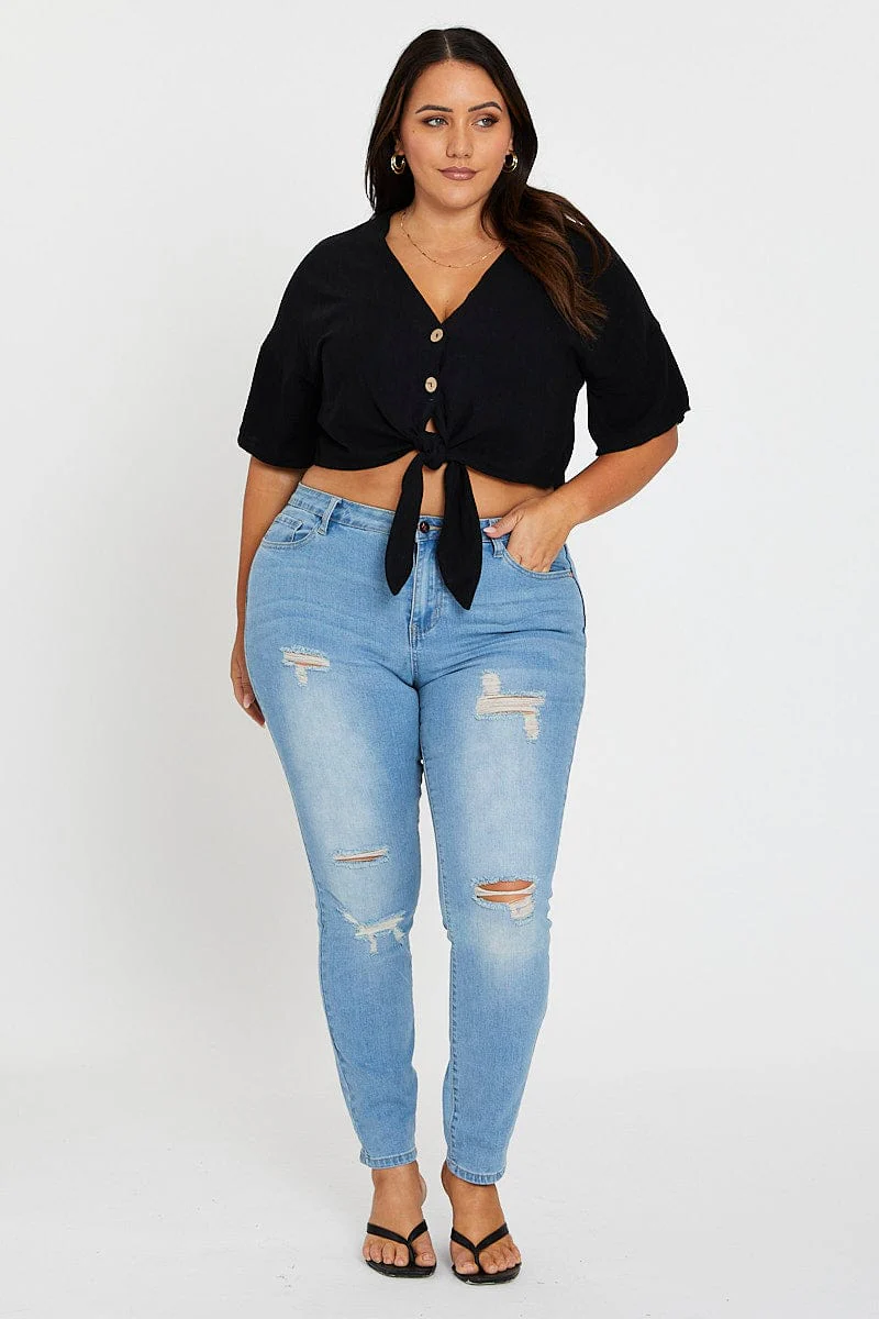 Black Short Sleeve Linen Blend Tie Front Shirt - Image 2
