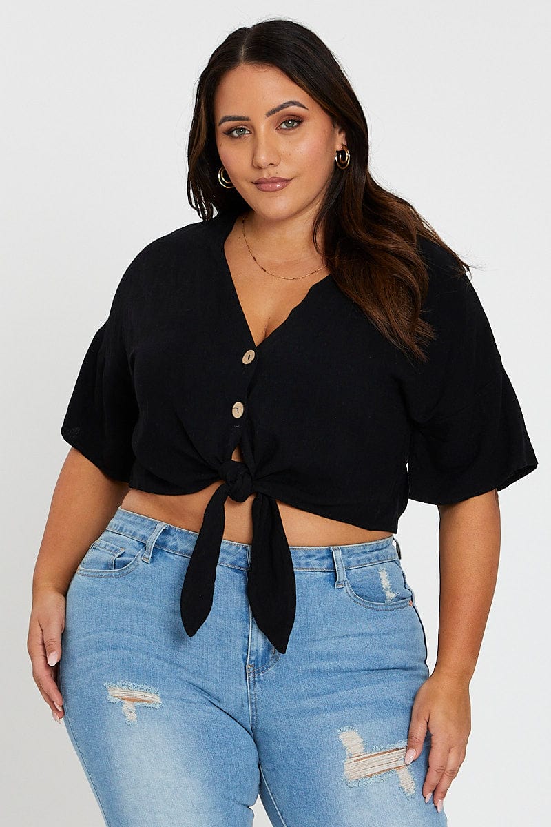 Black Short Sleeve Linen Blend Tie Front Shirt - Image 3
