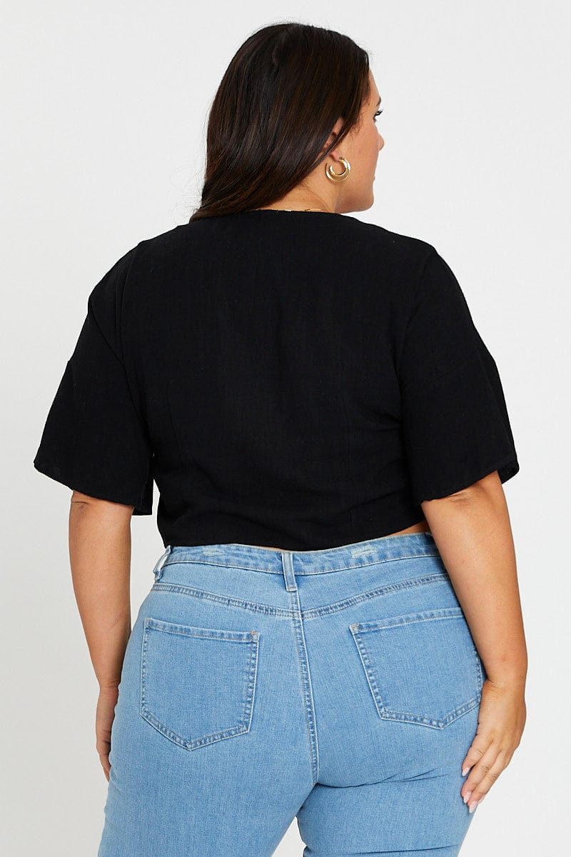 Black Short Sleeve Linen Blend Tie Front Shirt - Image 5