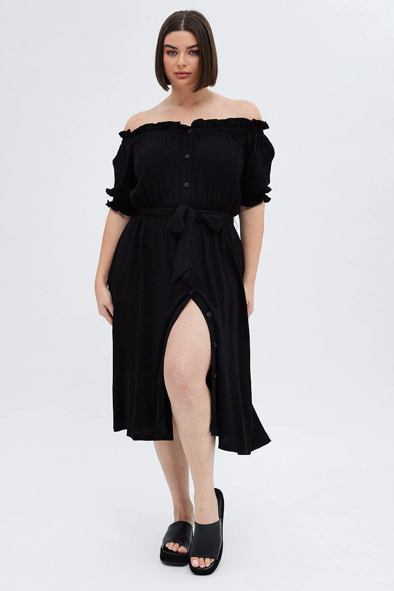 Black Short Sleeve Linen Button Midi Dress - Image 3