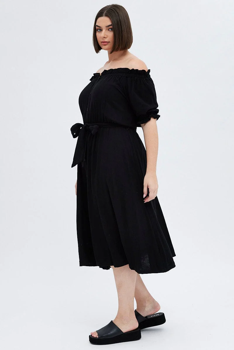 Black Short Sleeve Linen Button Midi Dress - Image 4