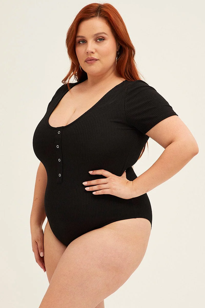 Black Short Sleeve Press Stud Black Bodysuit - Image 2