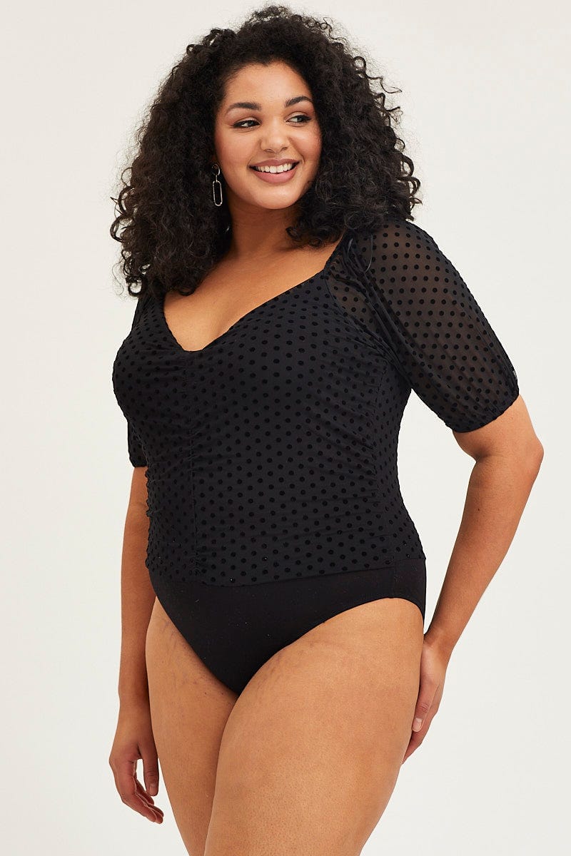 Black Short Sleeve Spot Mesh Bodysuit - Image 2