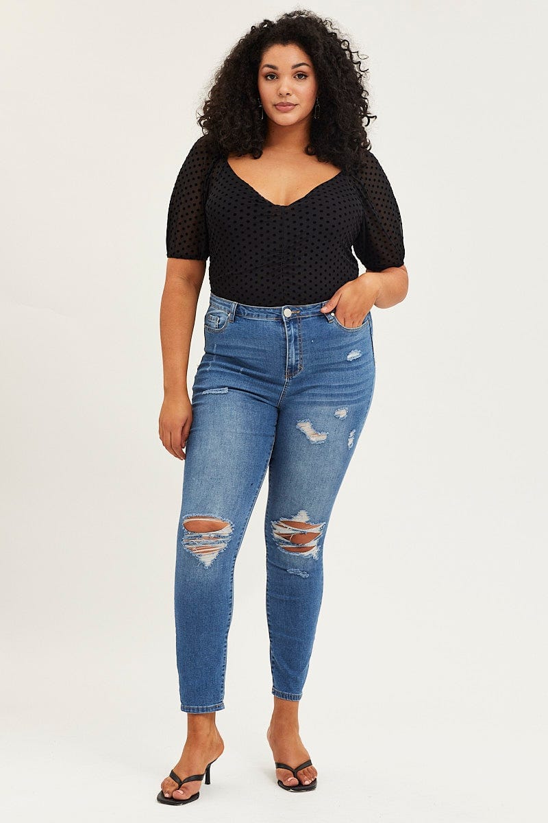 Black Short Sleeve Spot Mesh Bodysuit - Image 3