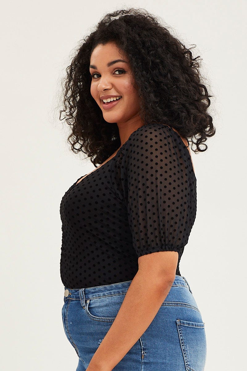 Black Short Sleeve Spot Mesh Bodysuit - Image 4