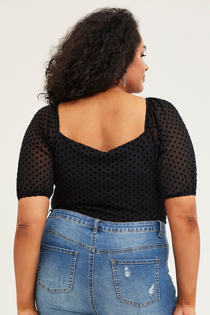 Black Short Sleeve Spot Mesh Bodysuit - Image 5