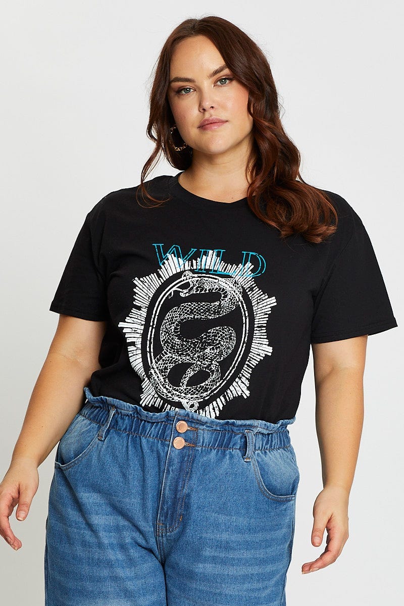 Black Short Sleeve Wild Print Regular T-shirt