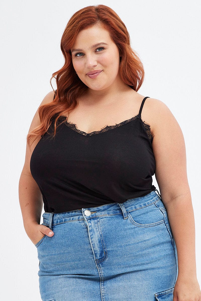 Black Singlet Top Lace Trim - Image 3