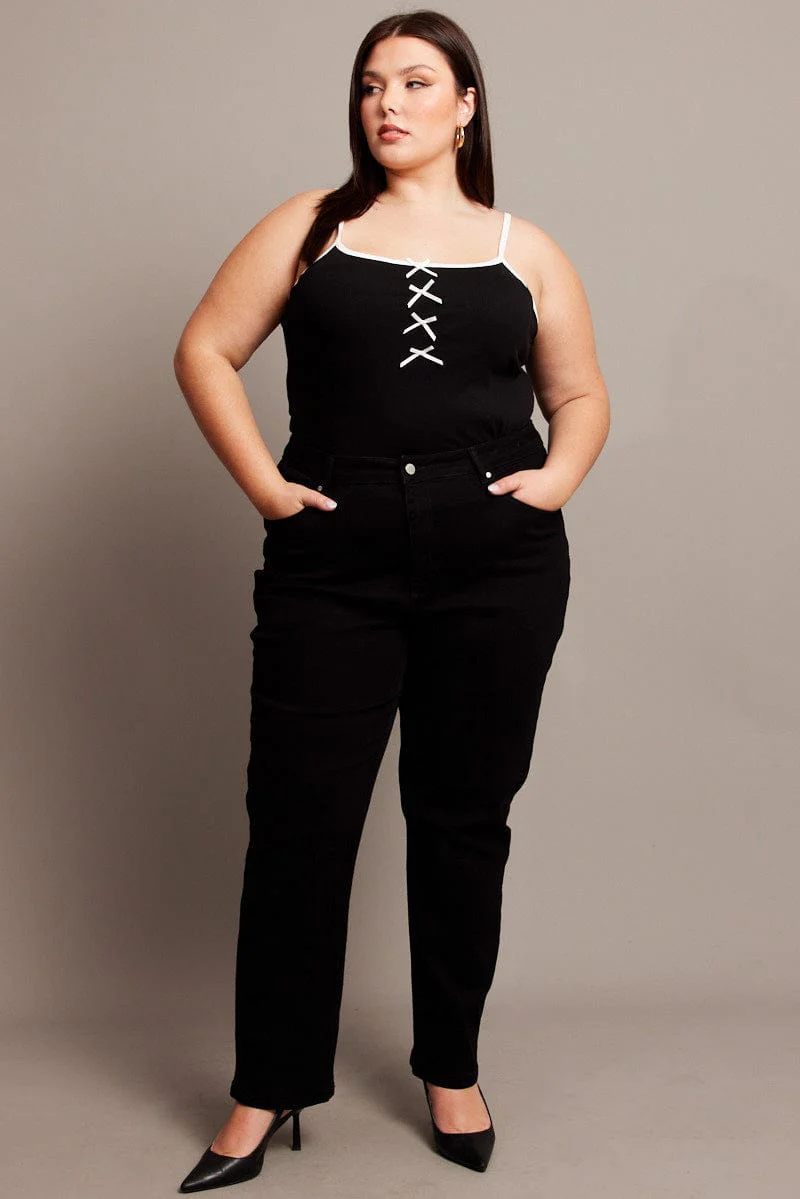 Black Singlet Top Round Neck Bow Tie - Image 3