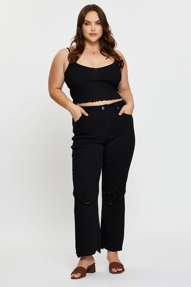 Black Singlet Top Round Neck Jersey Rib - Image 2