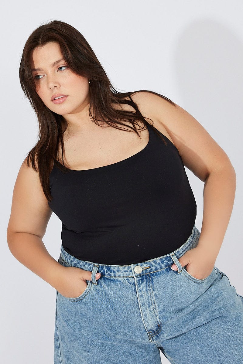 Black Singlet Top Scoop Neck Supersoft - Image 3