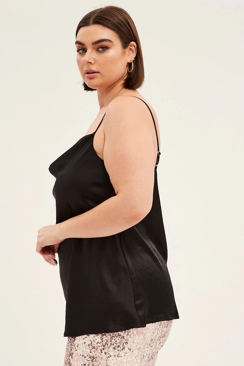 Black Singlet Top Sleeveless Satin Cowl Neck - Image 4