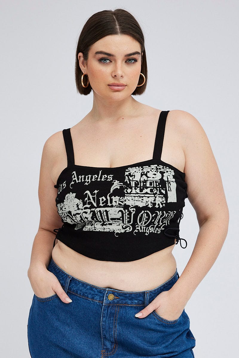 Black Singlet Top Square Neck Side Lace Up - Image 3
