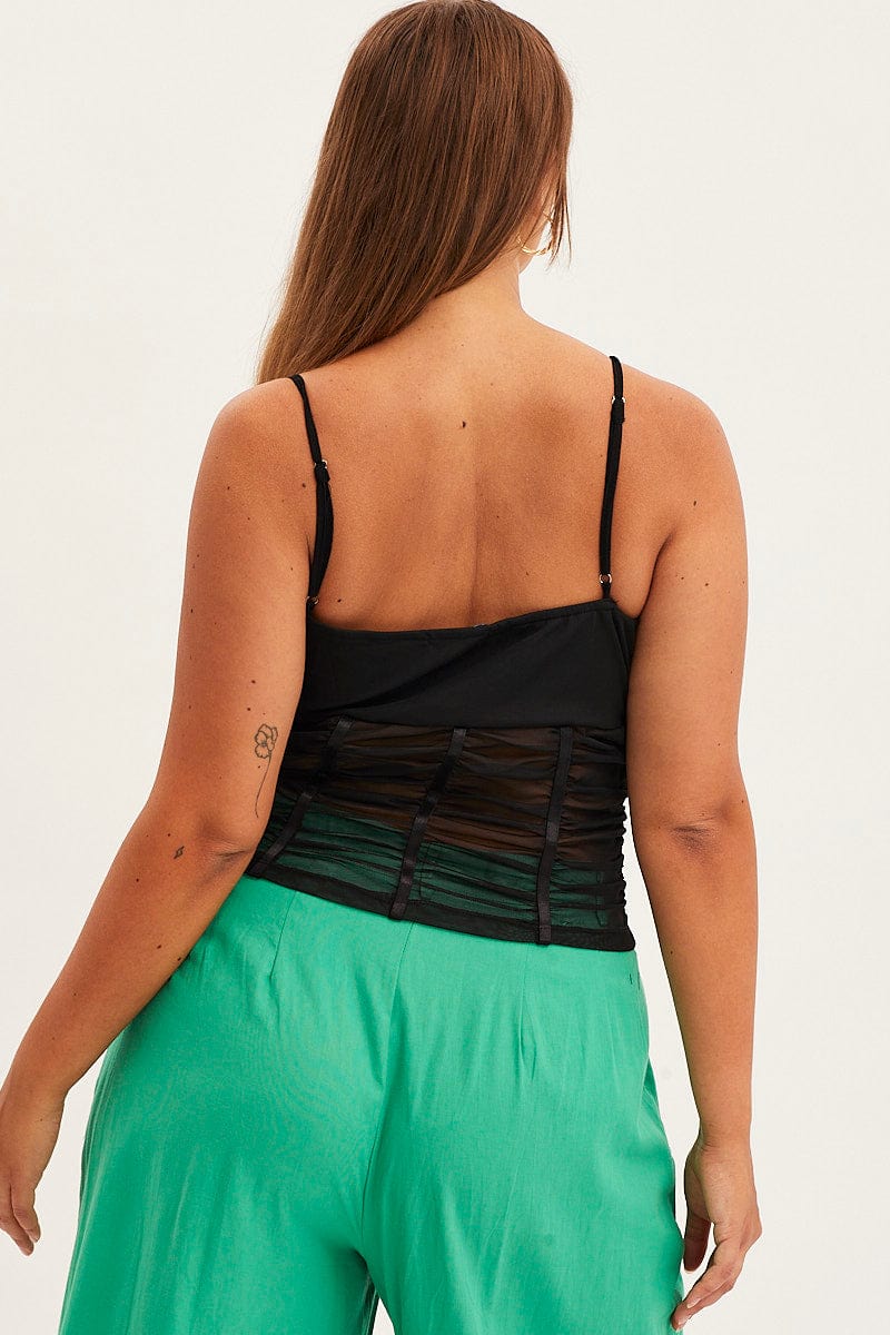 Black Singlet Top Strappy Scoop Neck Mesh Ruched Corset - Image 5
