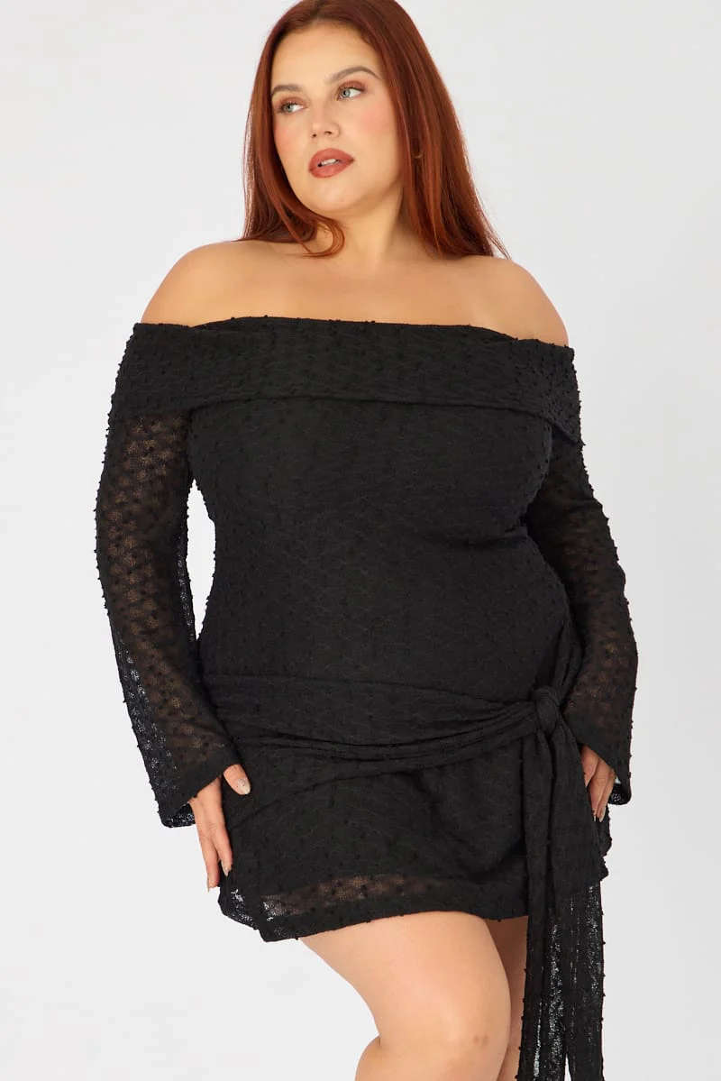 Black Skater Dress Long Sleeve Off Shoulder Tie Front