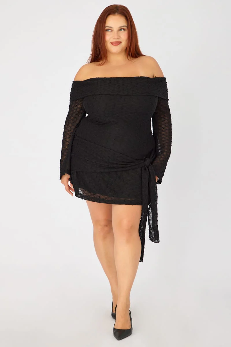 Black Skater Dress Long Sleeve Off Shoulder Tie Front - Image 2