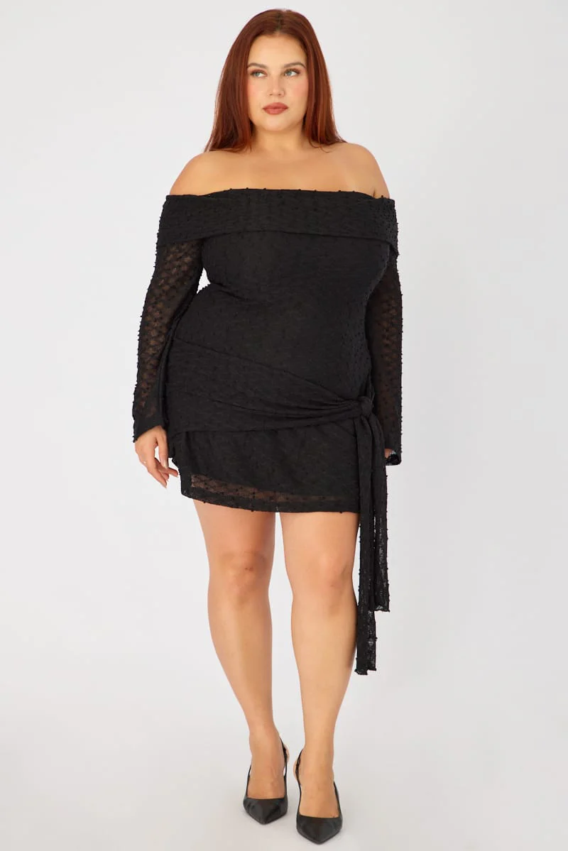 Black Skater Dress Long Sleeve Off Shoulder Tie Front - Image 3