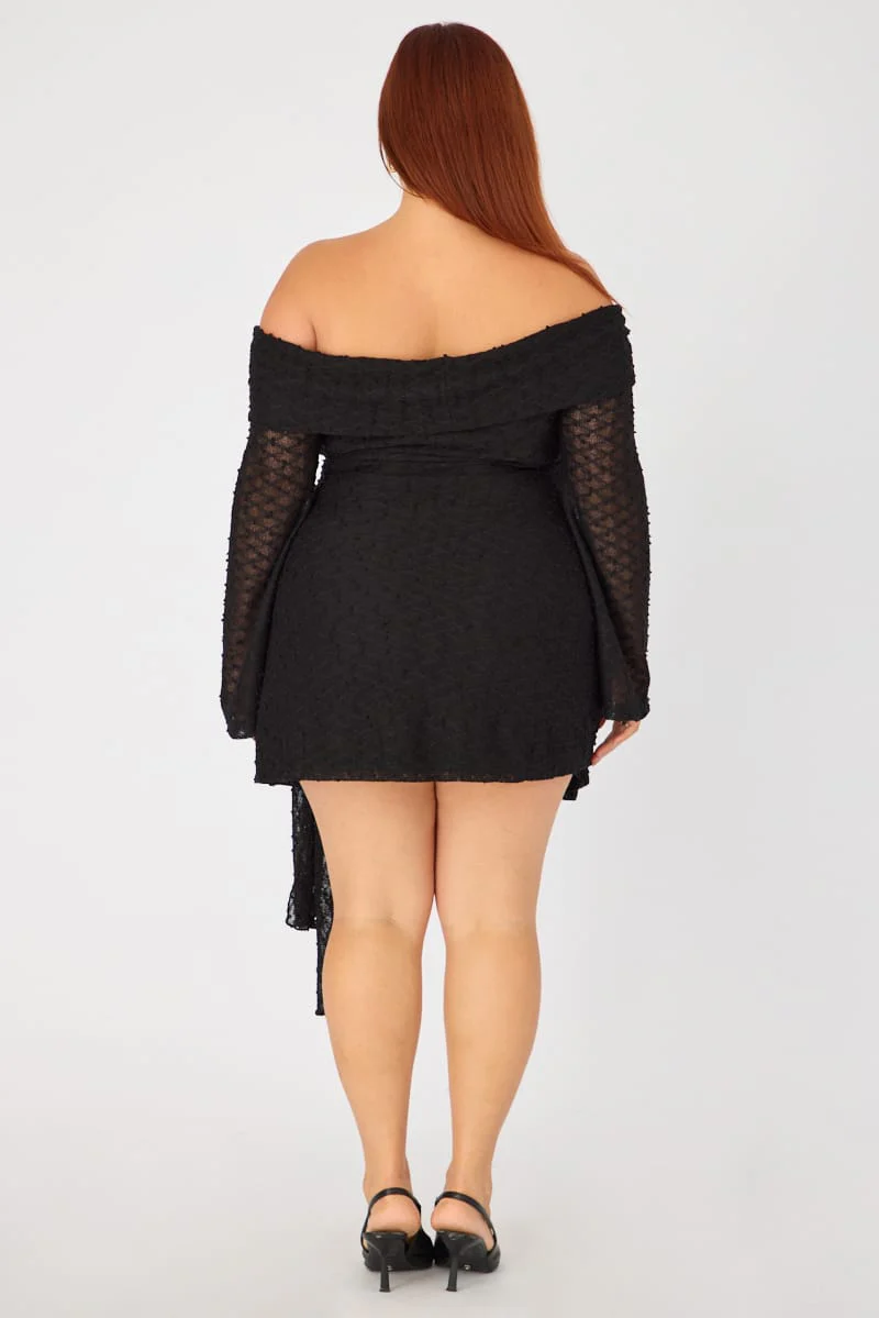 Black Skater Dress Long Sleeve Off Shoulder Tie Front - Image 5